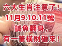 11月9.10.11號鹹魚翻身，有一筆橫財砸來的生肖！