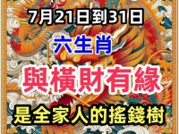 7月21日到31日與橫財有緣的生肖，是全家人的搖錢樹
