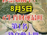 鈔票如雨下!8月5日,6生肖財運最旺,第1名「錢自動上門」 鈔票如雨下!8月5日,6生肖財運最旺,第1名「錢自動上門」