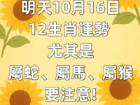 明天10月16日12生肖運勢 尤其是屬蛇、屬馬、屬猴要注意!
