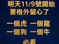 明天11/9號開始要格外留心了，一個虎，一個龍，一個狗，一個牛必看
