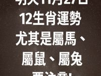 明天11月27日12生肖運勢 尤其是屬馬、屬鼠、屬兔要注意!
