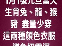 1月1號元旦當天  生肖兔、龍、猴、豬  盡量少穿這兩種顏色衣服  避免招霉運